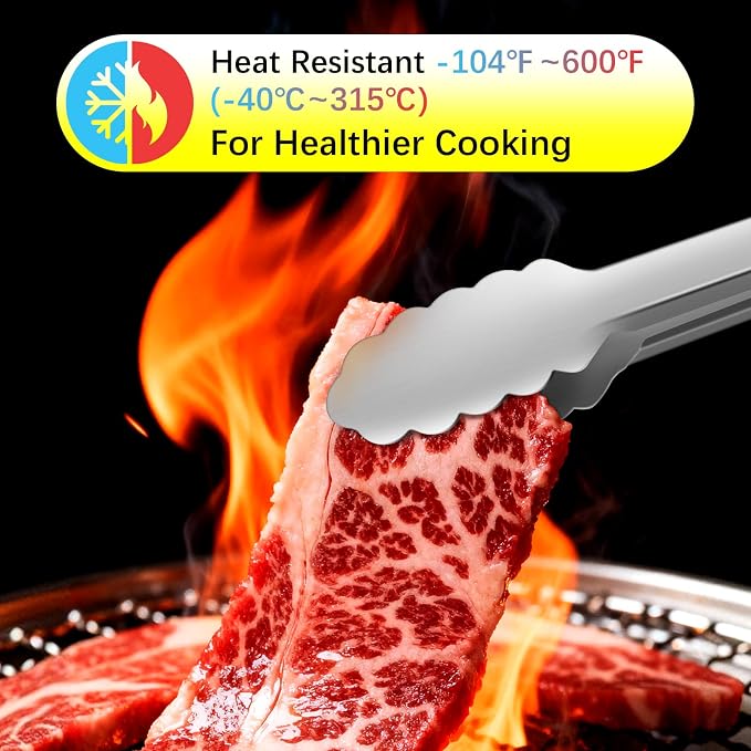 Stainless Steel Cooking Tongs, Heat Resistant Metal Tongs 9" and 12" | Heat Resistant 600 Degrees Kitchen Tongs with Silicone Grip for BBQ, Grilling, Serving, Salad, Dishwasher Safe, Locking
