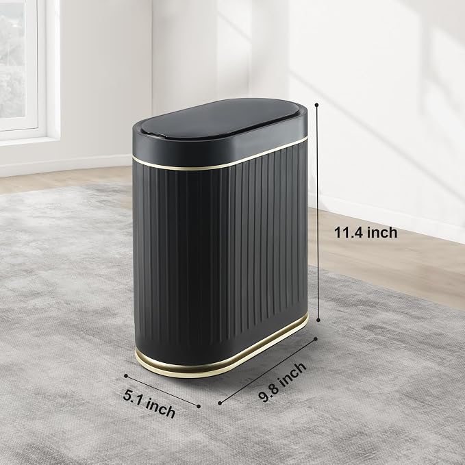 ELPHECO Slim Bathroom Trash Can with Lid, 2 Gallon Black Golden | Smart Garbage Can, Plastic Wastebasket, Narrow Garbage Bin, Waterproof Bathroom Decor for Bedroom