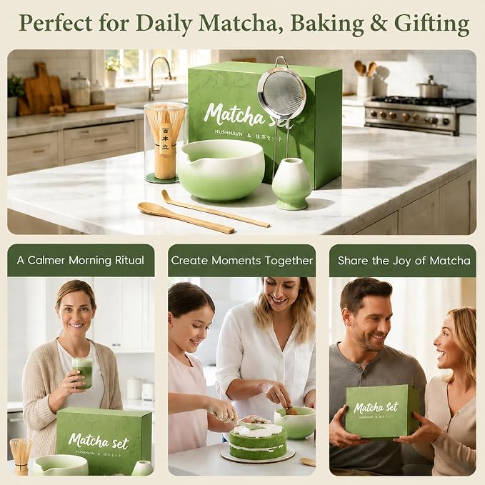 Matcha Whisk Set, Ceramic Matcha Set Includes Bowl & Holder, Bamboo Whisk (Chasen), Scoop, Spoon and Sifter, 6PCS Matcha Kit Covers Everything Needed for Making Matcha (Green)