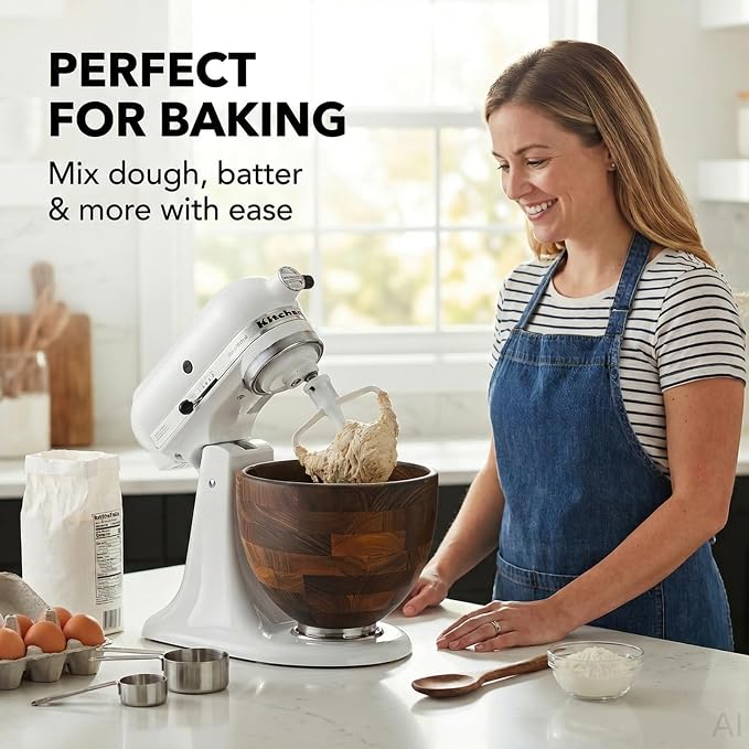 Walnut Wooden Mixing Bowl Compatible with 4.5 & 5 QT Tilt-Head Stand Mixers, 5 Quart Natural Wood Dough Bowl for Baking, Kitchen Prep & Serving