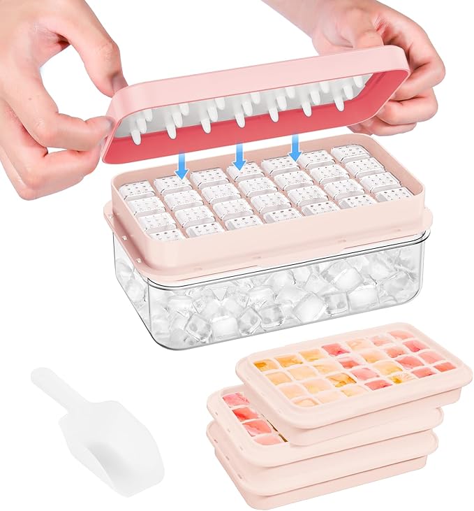 Ice Cube Tray with Lid and Bin, Easy Release 84 Cubes for Freezer | Food-grade BPA-free PP and ABS. Ice cubes for fruit, cocktails, iced coffee. Space-saving stackable with scoop
