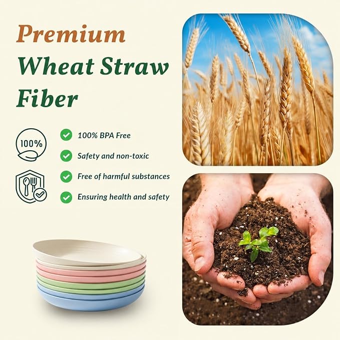 Deep Dinner Plates Set of 8 Unbreakable Wheat Straw Plates Plastic Reusable Plates for Kitchen, Picnic, RV, Dishwasher and Microwave Safe Plates for Salad, Dessert (Fresh Light, 9 inch)
