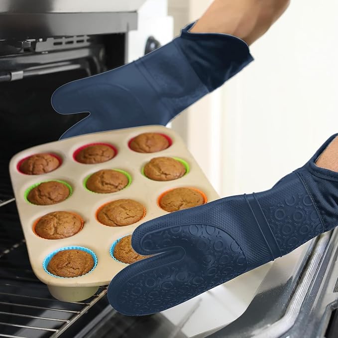 BPA-Free Soft Silicone Oven Mitts - Ultra Heat Resistant Oven Mitts with Thick Cotton Liner - Extra Long Slip Resistant Pot Holders, Flexible Oven Gloves - Navy 14.7"
