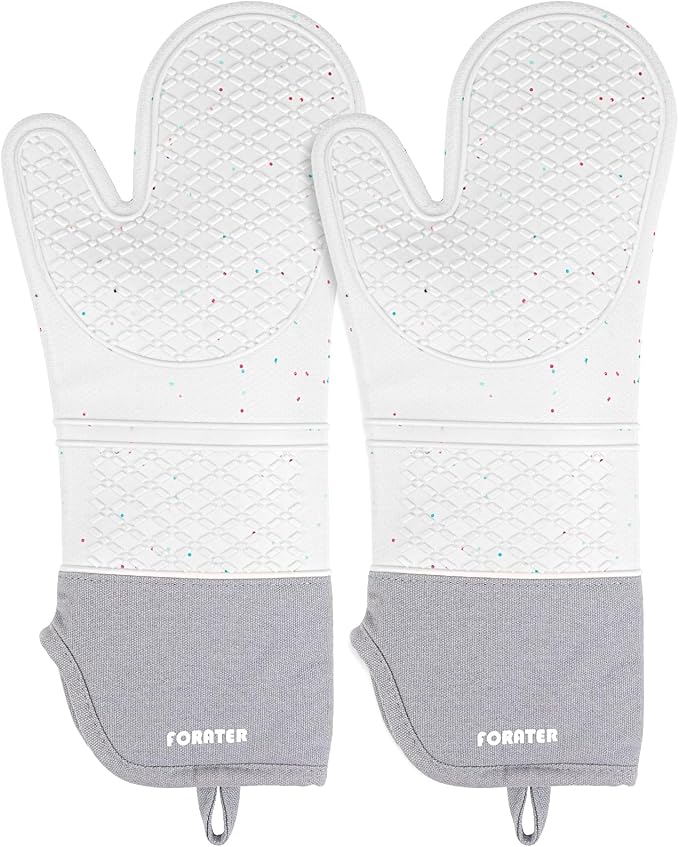 Extra Long Silicone Oven Mitts - Heat Resistant up to 500°F, 15'' Waterproof and Non-Slip Oven Gloves with Soft Quilted Liner - Perfect for BBQ, Cooking, Baking, and Grilling - 1 Pair, Light Grey