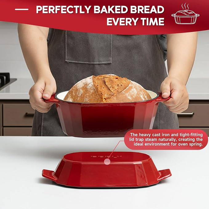 Enameled Cast Iron Sourdough Bread Oven – 3.3QT Dutch Oven for Baking with Lid, Non-Stick Oval Cast Iron Bread Oven for Sourdough-Loaf Cast Iron Bread Pan(Red)