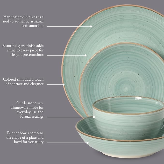 Gibson Home Stonebury 16 Piece Plates and Bowls Teal Dishes - Handpainted Stoneware Dinnerware Set - Service for 4