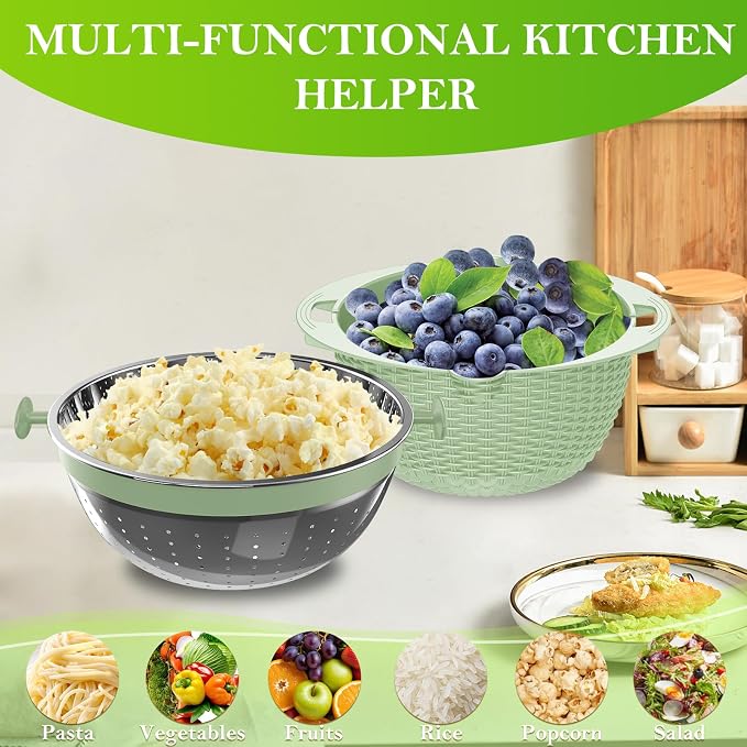4 in 1 Colander with Bowl Set, Food Strainers and Colanders, Colander for Kitchen, Pasta Strainer, Fruit Washing Bowl, Kitchen Essentials Strainer Basket Bowl, Green, Christmas & New Year Gifts