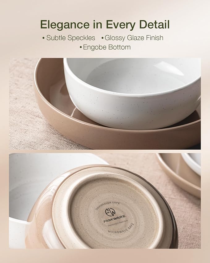 Famiware Milkyway 12-Piece Stoneware Dinnerware Set, White & Cinnamon Brown | Plates and Bowls for 4, Dishes Set for Everyday & Formal Use, Microwave & Dishwasher Safe, Chip & Scratch Resistant
