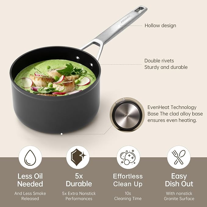 MsMk 2 QT Saucepan with Lid & Steamer, Nonstick Induction Cooking Pot | Non Toxic, Even Heating, Easy Clean, Dishwasher & Oven Safe, suitable for gas & electric & induction stoves, PFOA & PFAS Free