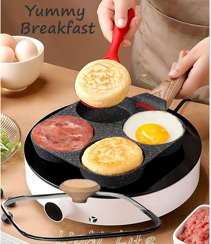 HUPECHAM Egg Pan With Lid 4-Cup Nonstick, and Healthy Granite Egg Frying Pan, Versatile Breakfast Skillet for Eggs, Pancakes, Plett, Crepes, Compatible with Gas Stove and Induction Cooktop