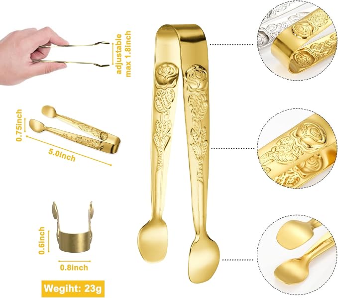 HINMAY 6PCS Mini Serving Tongs 5" Small Rose Appetizer Tongs (Gold) | Tiny Metal Tong for Tea Party, Coffee Bar, Desserts