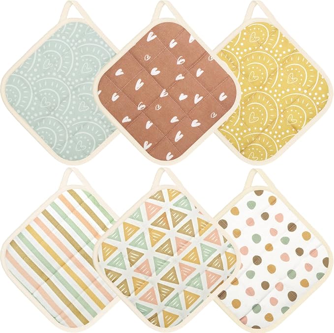 6 Pack Pot Holders 100% Cotton Heat Resistant Potholder, Machine Washable Pot Holder, Hot Pads, Table Pads for Cooking Baking (K)
