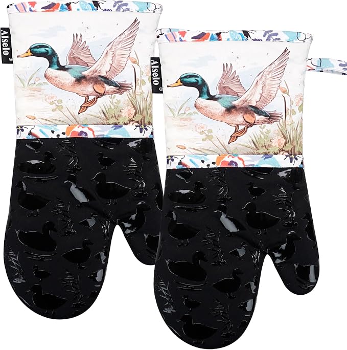 Alselo Oven Mitts 1 Pair, Silicone Printed Kitchen Mittens,7"x13.5" | Heat Resistant & Non-Slip Oven Gloves, Fashion Animal Design with Soft Quilted Cotton Lining for Baking Cooking (Darkgray2)