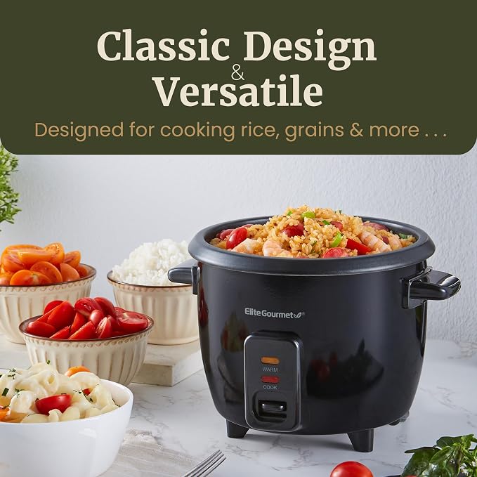 Elite Gourmet Electric Rice Cooker with Steam Tray and Non-Stick Inner Pot Makes Soups, Stews, Grains, Cereals, Keep Warm Feature, 6 Cups Cooked (3 Cups Uncooked), Black