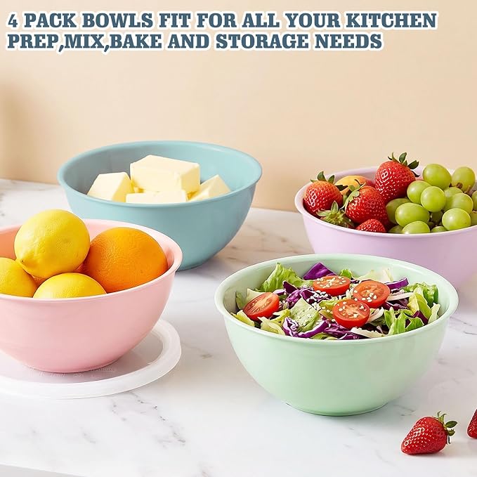 Greentainer 4-Piece Plastic Mixing Bowl Set with Lids for Kitchen, 67oz Lightweight Storage Bowls, Large Salad Bowls for Baking, Prepping, Cooking and Serving Food, Dishwasher & Microwave Safe