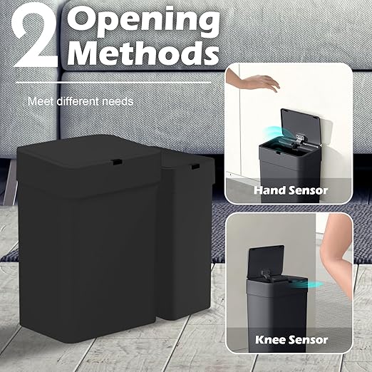 ELPHECO Bathroom Trash Can with Lid,Motion Sensor, 2 Pack Black | Automatic Garbage Can, 2.5 Gallon + 4 Gallon Smart Slim Waterproof Trash Bins for Bedroom, Office, Living Room