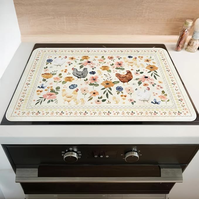 Boho Glass Stove Top Cover for Electric Stoves,Watercolor Chicken Hens Floral Farmhouse Stove Top Cover for Kitchen Decor,Heat Resistant Cooktop Protector Mat,Non-Slip Washable Dish Drying Mat 28"x20"