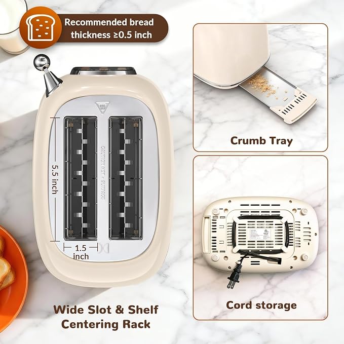 Mecity Toaster 2 Slice, Touch Screen Wide Slot Retro Toaster For Breads Bagel Muffin Waffle, House Warming Gift New Home, 120V 825W, Cream Color
