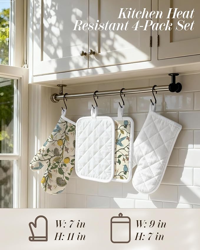 Miss Adola Cotton Oven Mitts and Pot Holders Sets, Lemon Songbird | Heat-resistant up to 350°F, Pure Cotton, Quilted Contact Surface, Stylish Design, with Hanging Loop, Ready to Gift Package