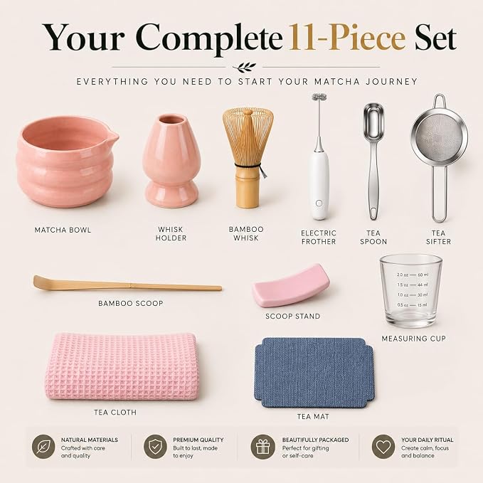 BARISTA EMPEROR® MATCHA WHISK SET PREMIUM 11pcs - Professional Matcha Kit Set with Matcha Bowl, Matcha Whisk, Milk Frother, Spoon, Sifter, Scoop, Stand, Cup, Mat - Aesthetic Pink Matcha Set Kit