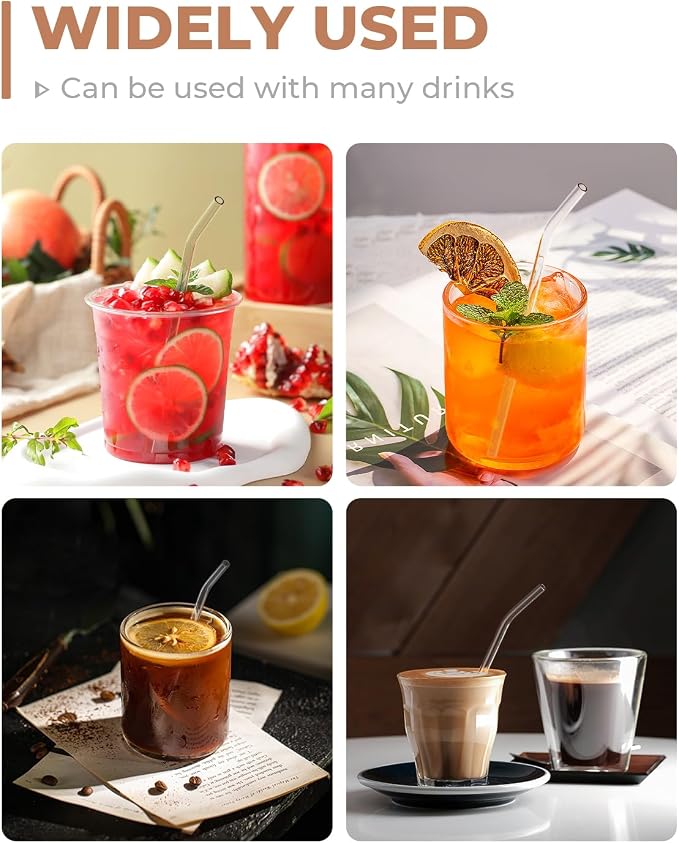 Foogwee® 20 Packs Reusable Glass Straws Set, 8.5'' x 10mm Clear Drinking Straws for Smoothies, Shakes, Coffee, Juice, Sodas, Milk, Tea, Cocktails, Set of 8 Straight and 8 Bent with 4 Cleaning Brushes