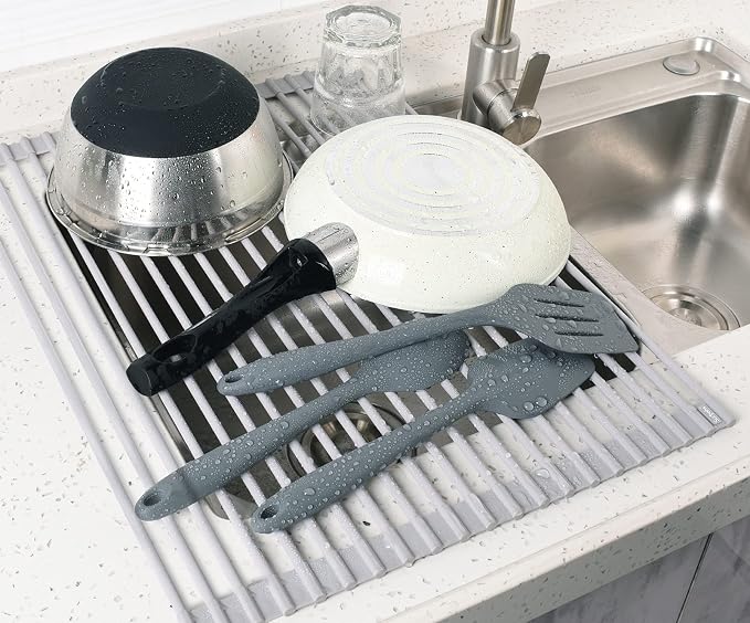 20.5 x 15.5 Inch Roll-Up Dish Drying Rack, Fits Across Sink Openings up to 19.5 Inches, Heavy-Duty Premium Silicone, Strong Support, Non-Slip, Heat-Resistant, Warm Gray