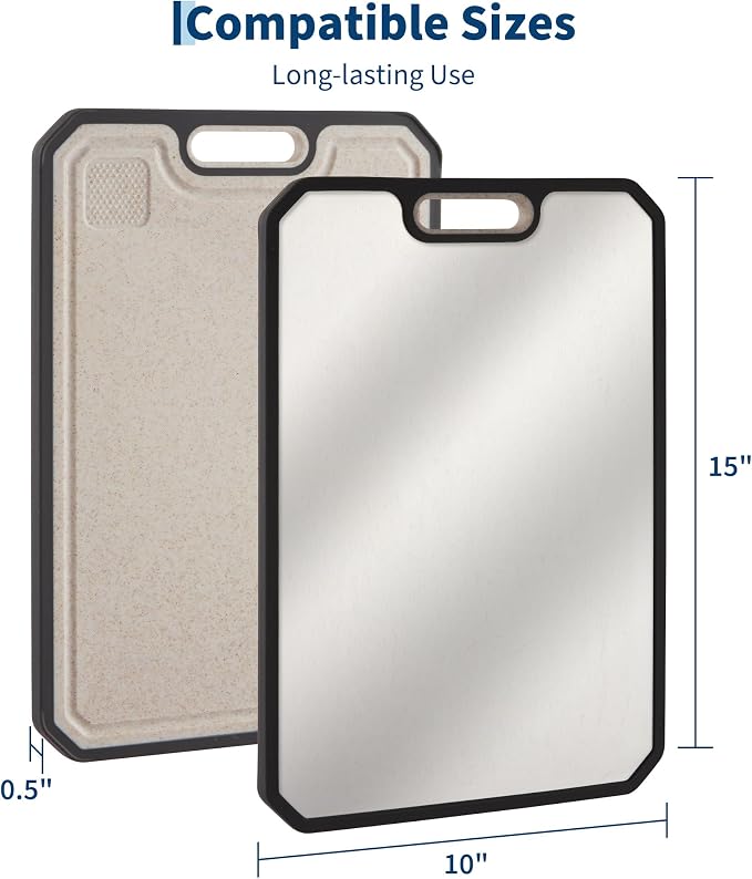 Stainless Steel Cutting Board for Kitchen Metal Chopping Board 15.2"x 10.5" | Double-Sided Stainless Steel/Wheat Straw PP Meat Cutting Board Non Toxic Chopping Board with Juice Grooves & Handle