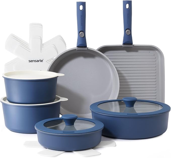 SENSARTE 17 Piece Ceramic Detachable Handle Pots and Pans Set Navy | Ceramic Cookware Set, Induction Cookware Set with Removable Handle, Healthy Non Stick for RV, Dishwasher ＆ Oven Safe