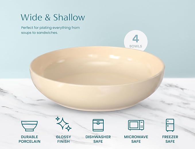 KooK Porcelain Pasta Bowl Set, For Soups and Salads, Serving Bowls, Large Capacity, Microwave & Dishwasher Safe, Set of 4, 40 oz, Ivory
