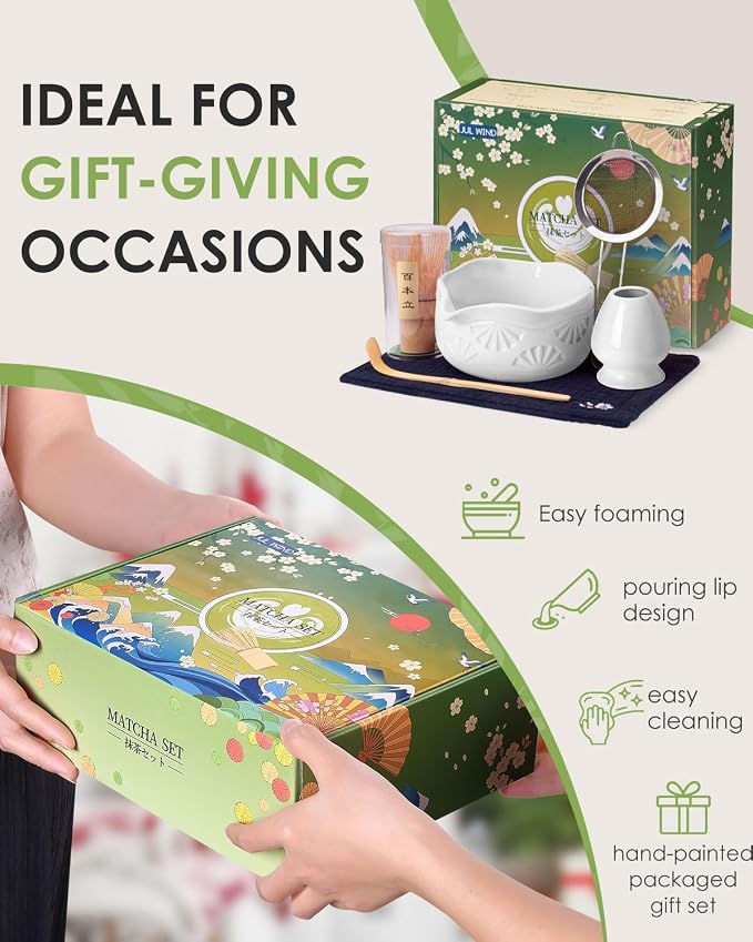 Matcha Whisk Set, Ceramic Matcha Set Includes Matcha Bowl and Matcha Whisk | Holder, Spout, Bamboo Scoop, Sifter and Tea Towel - 6 Pcs Matcha Kit Gift for Matcha Lovers Beginners