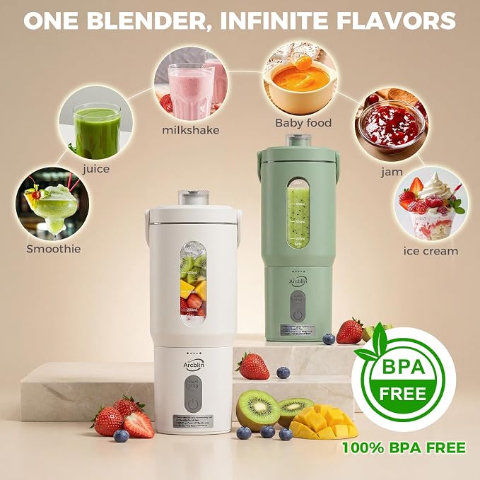 Portable Blender Shakes & Smoothies, Small Personal Blender, White | 17oz Detachable To-Go Cup, Carry Handle, USB-C Rechargeable, 6-Leaf Stainless Blades, Auto-Shutoff, BPA-Free, Hand Wash