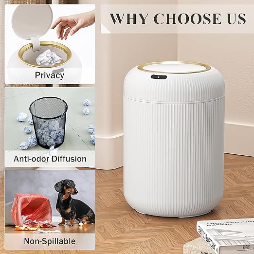 Automatic Motion Sensor Bathroom Trash Can with Lid,White and Gold | 3 Gallon Touchless Trash Bin,Auto Plastic Electric Garbage Cans Small White waste basket for Office, rv, Bedroom, Living Room