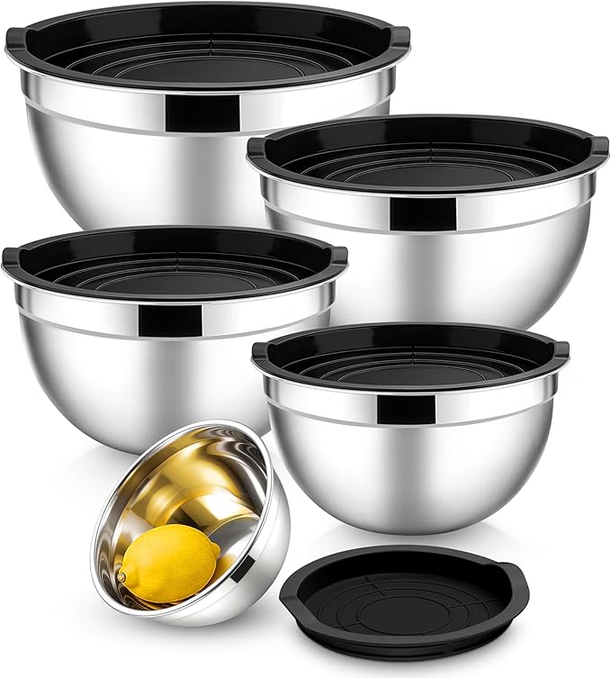 E-far Mixing Bowls with Lids Set, Stainless Steel Cooking Salad Bowl, Black | 10-Piece Metal Nesting Bowls with Airtight Lid for Kitchen Storage, Baking & Prepping, Dishwasher Safe, 0.7/1.5/2.1/3/4.6 QT