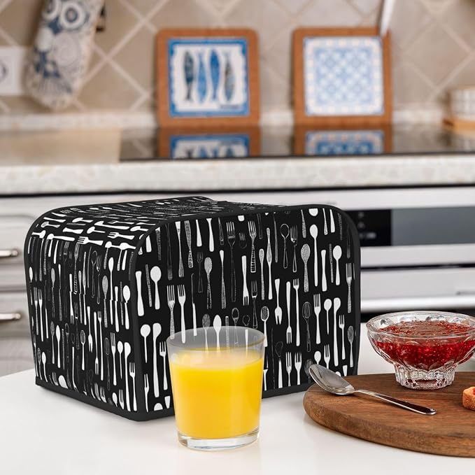 4 Slice Toaster Cover Fork Spoon Pattern Black Dust Proof Washable Kitchen Appliance Cover with Pocket, Oxford Fabric Countertop Toaster Protector for Standard Toasters Small Appliances