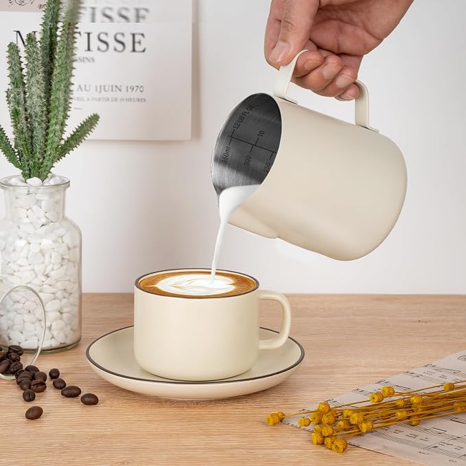 Amrules Milk Frothing Pitcher 12oz Frother Cup Barista Tools, White | 18/8 Stainless Steel, 12oz Capacity with Clear Scale, with Decorating Pen, Ergonomic Handle, for Cappuccino, Latte & Espresso