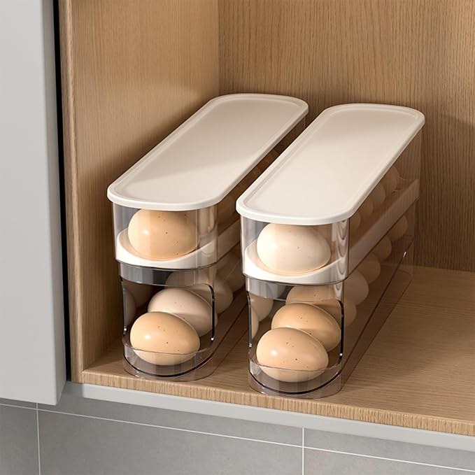 WACOI Auto Rolling Fridge Egg Organizer, Space Saving Eggs Dispenser for Refrigerator Storager with Lid,Egg Holder for Fridge 2 Pack