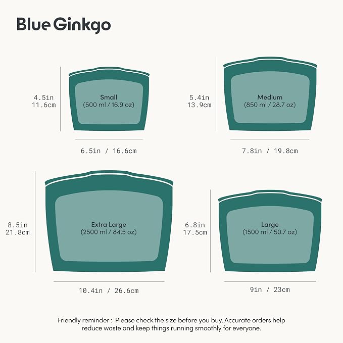 Blue Ginkgo Silicone Food Storage Bags, 4-Pack, Reusable, Made in Korea | Leakproof. Stand Up. Freezer and Dishwasher Safe. (Forest Green)