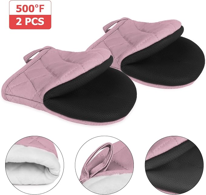 Goldmeet Mini Oven Mitts 2-Pack, 7"x5.5", 500°F Silicone Grip, Light Pink | Non-Slip, Heat Resistant, Machine Washable, Hanging Loop, Fits Small Hands, for Baking Grilling BBQ Cooking