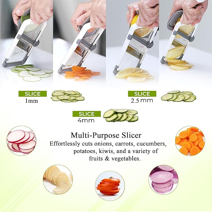 Mandoline Slicer for Kitchen – Adjustable Stainless Steel Blades, with Comfort Grip – Vegetable Slicer for Small to Medium sized Cucumber, Onion, Potato – Gray