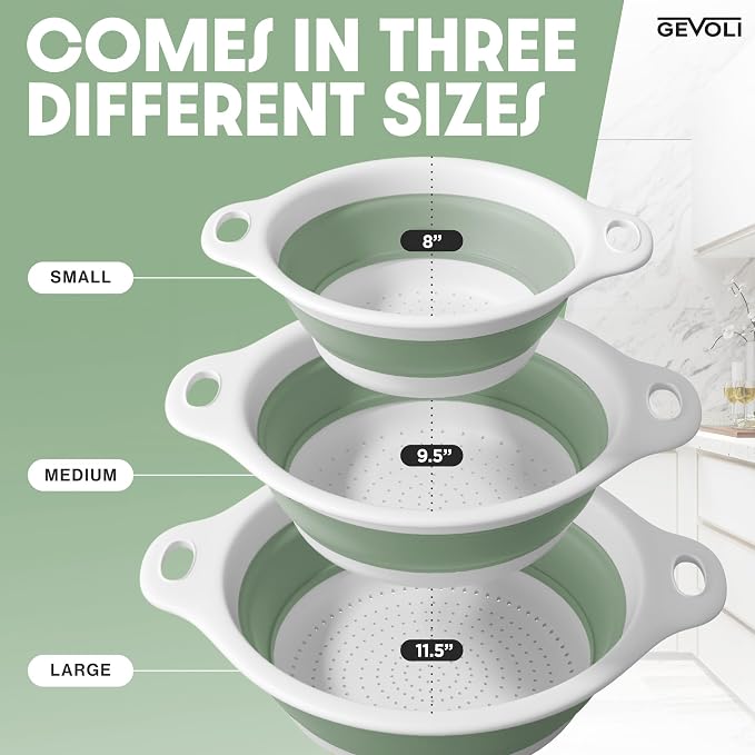 Gevoli Collapsible Colanders (3 Pack Set) Food Strainers with Over-Sink Water Draining Base for Pasta Fruits and Vegetables, White/Sage (3 Sizes, 3QT, 4QT and 5 Quart)
