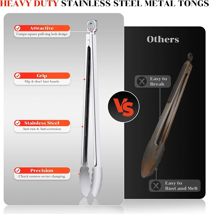 17" Extra Long Metal Tongs,Grilling Tongs,Stainless Steel Tongs for Cooking | Heat Resistant Heavy Duty Grill Tongs BBQ Tongs for Cooking, Grilling, BBQ/Barbecue, Food (All Metal - 17")
