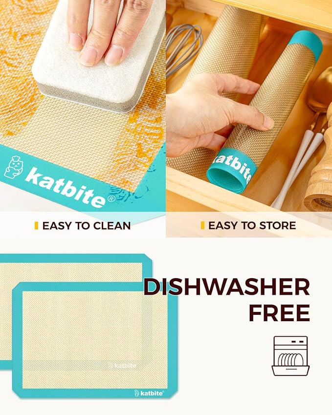 Katbite Silicone Baking Mat Set of 3 Dark Blue | 2 Half Sheets Mats + 1 Quarter Baking Sheet, Reusable & Nonstick Bakeware Mats for Cookies, Macarons, Bread