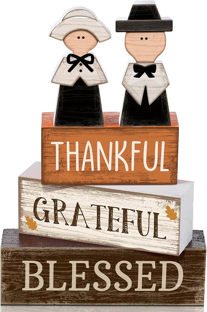 Lineshading 4 Pcs Wooden Fall Pilgrim Block Signs Tabletop Decor | Thanksgiving Home Decorations, Rustic Tiered Tray Accents, Thankful Grateful Blessed Text, Pilgrim Couple Figurines