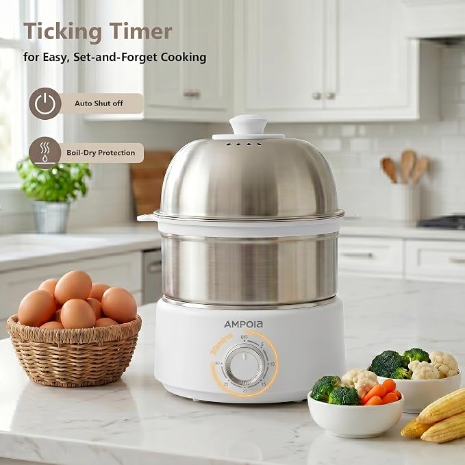 14 Eggs Electric Egg Cooker, 350W Rapid Egg Boiler with 30-Min Timer & Auto Shut-Off, Stainless Steel, Dishwasher Safe for Soft, Medium, Hard Boiled, Steamed Eggs, Vegetables & Seafood, White