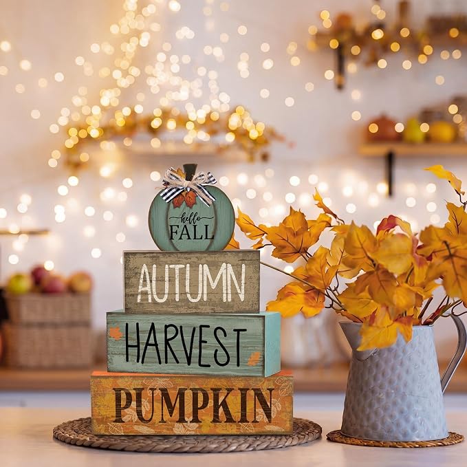 Lineshading 4 Pcs Fall Wood Block Signs Pumpkin Harvest Tiered Tray Decor | Stackable Rustic Blocks with Pumpkin Topper, Autumn Harvest Prints, Farmhouse Tabletop Centerpiece for Seasonal Decor