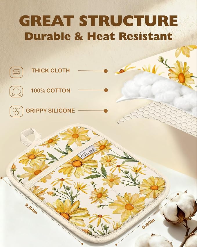 100% Cotton Pot Holders Textured Soft Silicone Cheerful Daisy | Stylish Pot Holders 2pcs, Machine Washable Non-Slip Heat Resistant Hot Pads & Oven Mitts 2-in-1, Practical Kitchen Decor