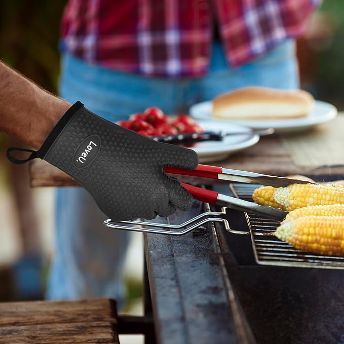 Silicone Oven Mitts Gloves - Heat Resistant, Non-Slip for BBQ, Grilling | 450°F Double-Layer｜Waterproof Kitchen Cooking Barbecue Mittens ｜5 Finger Hot Mitt for Baking, Smoker& Cast Iron(One Size)