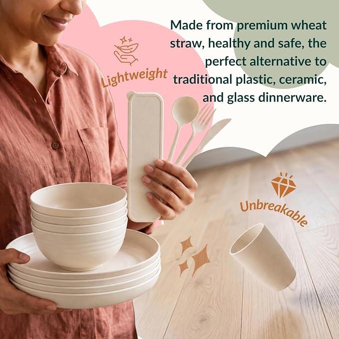 28 PCS Plastic Plates and Bowls Sets for 4 Unbreakable Wheat Straw Dinnerware Sets for Dorm, Camping, RV, Party, Travel Lightweight Utensils Kitchen Microwave & Dishwasher Safe(Beige)