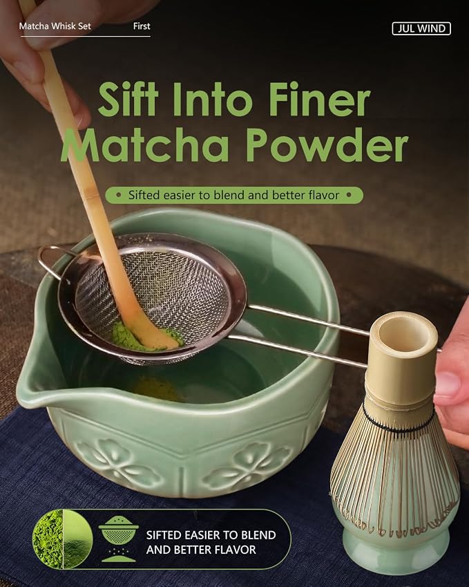 Matcha Whisk Set, Ceramic Matcha Set Includes Matcha Bowl and Matcha Whisk | Holder, Spout, Bamboo Scoop, Sifter and Tea Towel - 6 Pcs Matcha Kit Gift for Matcha Lovers Beginners