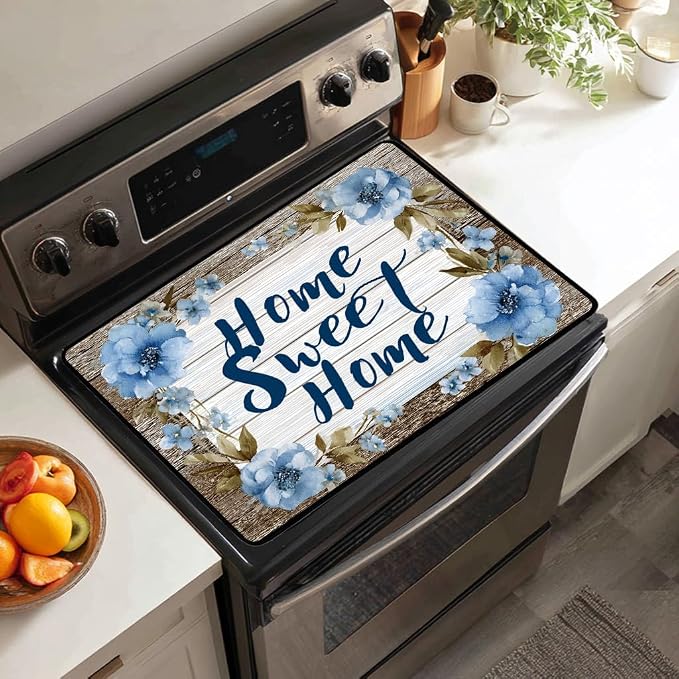 Vintage Wood Grain Stove Top Covers for Electric Stove - Home Sweet Home - Electric Stove Top Cover Protector,Retro Floral Stove Mat Protector,Heat Resistant Cooktop Stovetop Cover